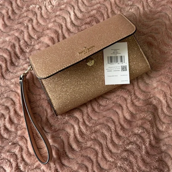 NWOT Kate Spade Sparkling Rose Gold Tinsel Phone Wallet Wristlet - Picture 5 of 6